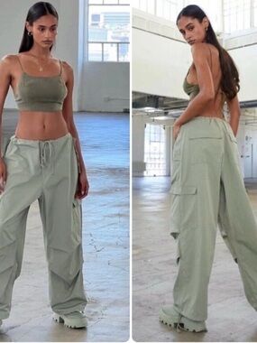 Local European Unisex Cargo Windbreaker Pants Green Drawstring Army Size S/SX